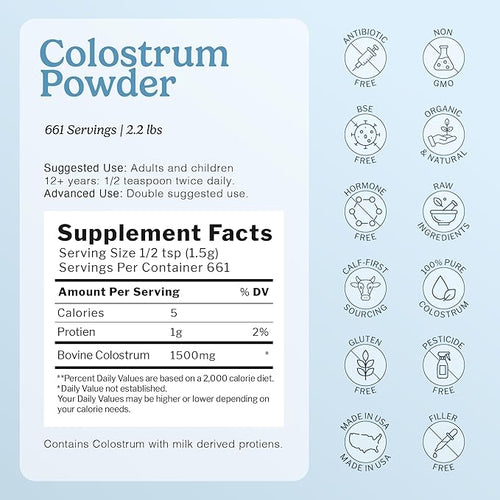 100% Pure Bovine Colostrum Powder (Grass-Fed) | High IgG for Immune Support & Gut Health | Anti-Aging | Colostrum Supplement for Adults & Kids | 2.2lb | 661 Servings