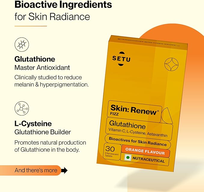 SETU Glutathione Effervescent Tablets with 500mg L-Glutathione & Vitamin C | Sugar-Free Antioxidant Supplement | Orange Flavor (Pack of 4) | 60 Tablets