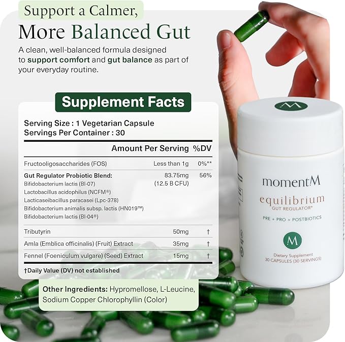 momentM Equilibrium 3-in-1 Probiotics for Women & Men Digestive Health, Prebiotics and Probiotics for Women with HOWARU Strains, Postbiotics & Fennel for Bloat & Gut Health,12.5B CFU, 30 Capsules
