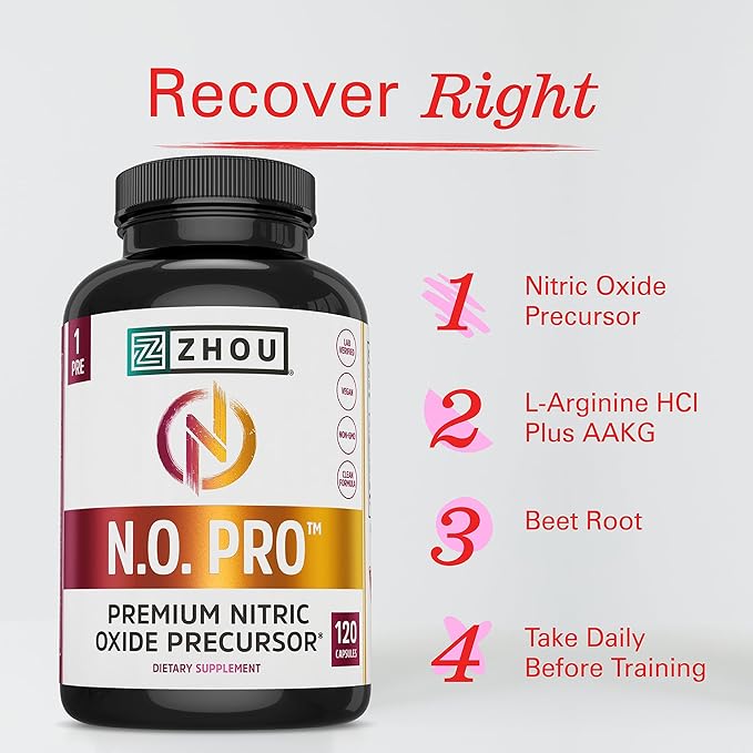Zhou N.O. Pro - Premium Nitric Oxide Supplement for Men & Women, Heart, Muscle & Blood Support with Beet Root & L Arginine, Natural Nitric Oxide Booster - 120 Veggie Capsules