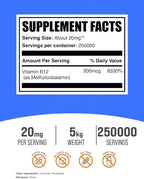 BulkSupplements.com Vitamin B12 Methylcobalamin Powder - 1% B12 Methylcobalamin, Essential B Vitamin - B12 Supplement, Gluten Free, 20mg per Serving, 5kg (11 lbs) (Pack of 1)