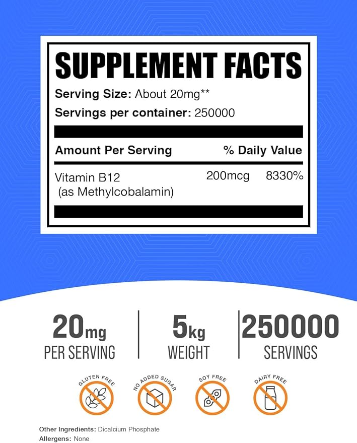 BulkSupplements.com Vitamin B12 Methylcobalamin Powder - 1% B12 Methylcobalamin, Essential B Vitamin - B12 Supplement, Gluten Free, 20mg per Serving, 5kg (11 lbs) (Pack of 1)