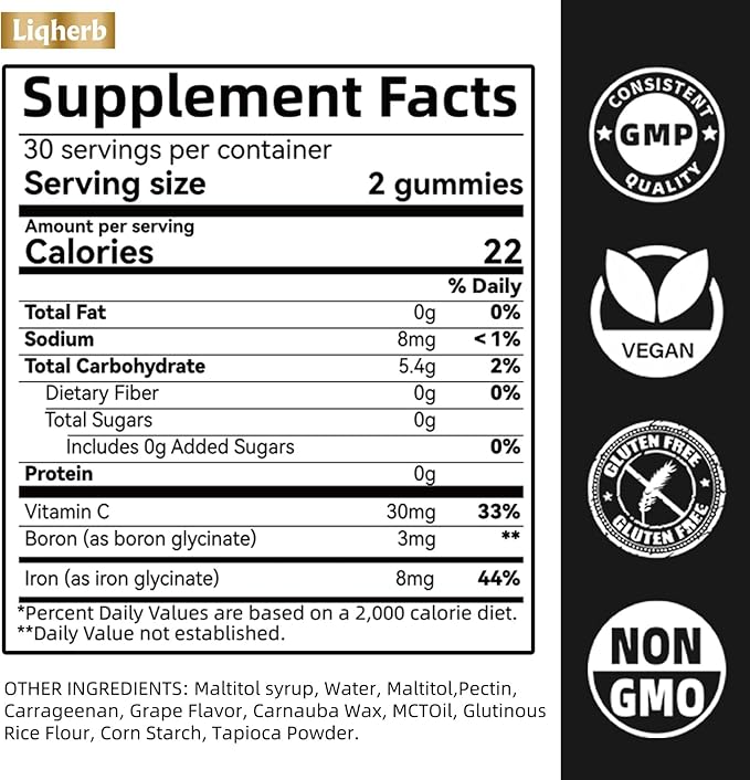 8mg Iron Supplement Gummies for Women & Men, with Boron & Vitamin C, Energy & Immune System Supports, Cognitive & Bone Health, Delicious Grape Flavor, Vegan, Non-GMO, Gluten Free, 60