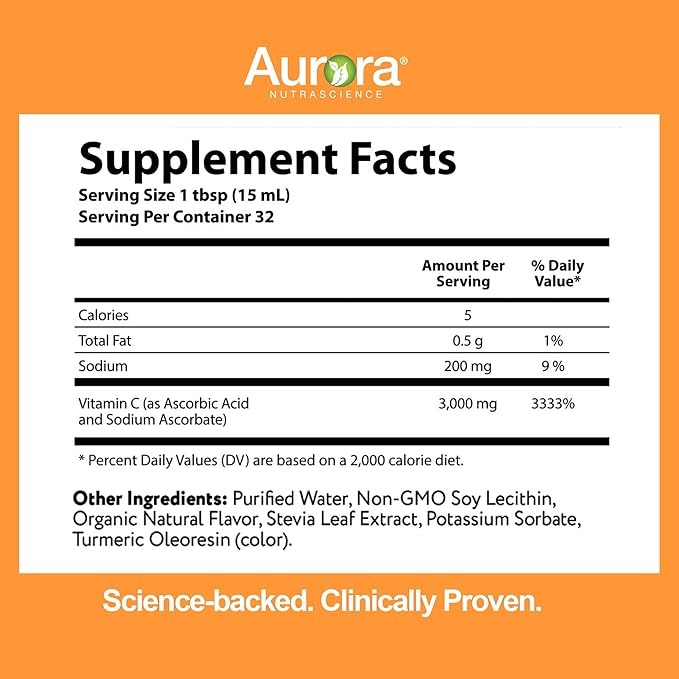 Aurora Nutrascience Liposomal Liquid Vitamin C - Healthy Immune Support Supplement for Adults, Sugar Free, 3000 mg per Serving, Vegan, Gluten Free, Non-GMO - 32 Single Serve Packets, Orange