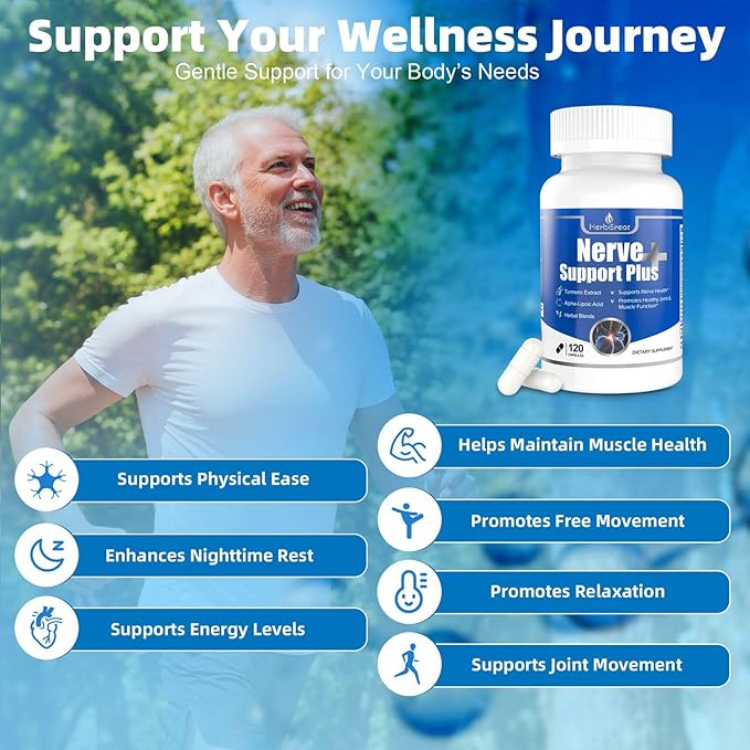 Nerve Support Plus, Nerve Supplement Alpha-Lipoic, AcidTurmeric Extract, B12, Vitamins and Herbal Blend for Fortify Nerve Health, 120 Capsules