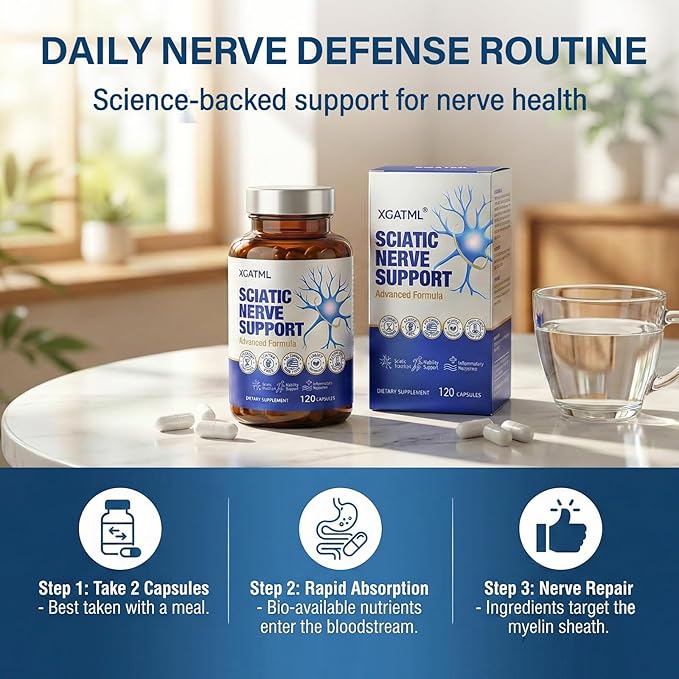 Sciatic Nerve Health Support Supplement, 120 Capsules Advanced Nerve Support Capsules with R-ALA, Benfotiamine & Vitamin B Complex, Supports Back, Leg & Glute Comfort, Vegan, Non-GMO