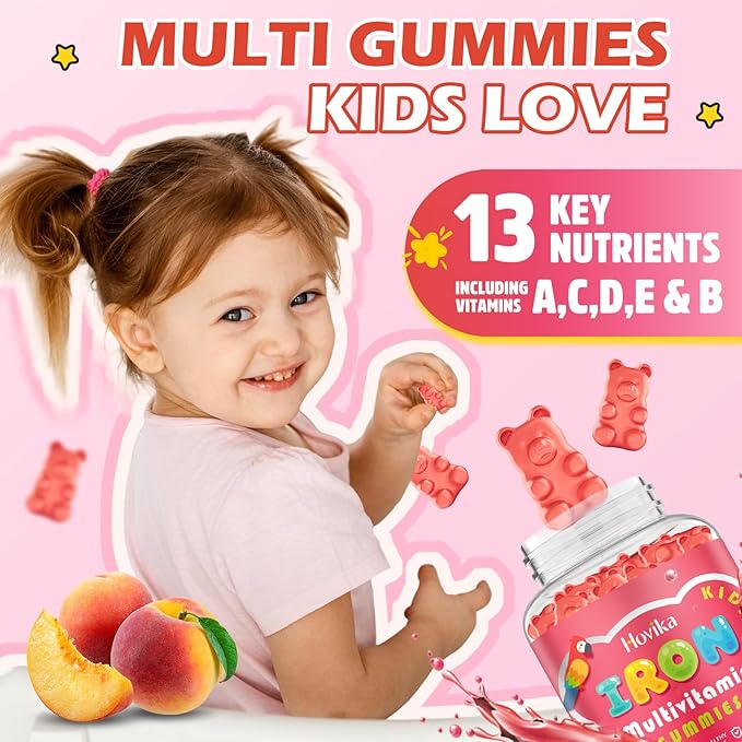 Iron Supplement Gummies for Kids with Multivitamin, Calcium, Zinc, Folate - Kids Iron Gummies Support Immune, Blood Builder, Iron Deficiency, Anemia & Energy - Vegan, Peach 60 Count