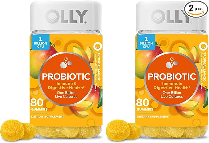 OLLY Probiotic Gummy,1 Billion CFUs,Immune and Digestive Support,Chewable Probiotic Supplement,Mango,80 Count (Pack of 2)
