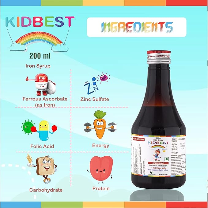 HealthBest Kidbest Iron (Haematinic) Syrup, Zinc, Folic Acid, 200 ML (Pack of 2)