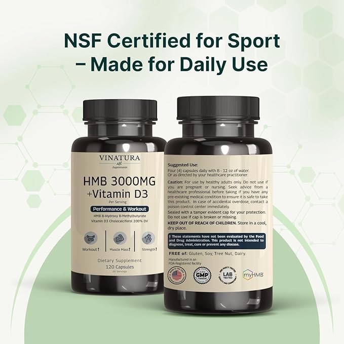VINATURA HMB 3000mg and Vitamin D3 Supplement - HMB (Beta-Hydroxy Beta-Methylbutyrate), Vitamin D3 (1600 IU), Made in USA & NSF Certified for Sport - 120 Capsules