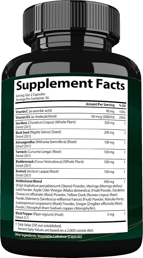 Sea Moss Black Seed Oil Ashwagandha Ginger, Organic Sea Moss Capsules with Burdock Root, Irish Seamoss Pills with Bladderwrack, Advanced Multimineral Supplement, USA