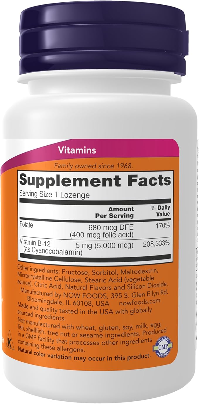 NOW Supplements, Vitamin B-12 5,000 mcg, With Folic Acid, Nervous System Health*, 60 Lozenges