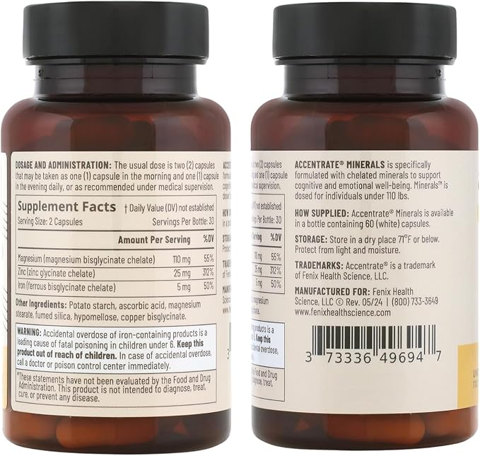 Accentrate Minerals - Magnesium Supplement for Kids – Chelated Magnesium Zinc Iron (Mg Zn Fe) – Mental Wellness Mineral Supplement for Focus, Mood & Brain Support – Bioavailable – 60 Capsules