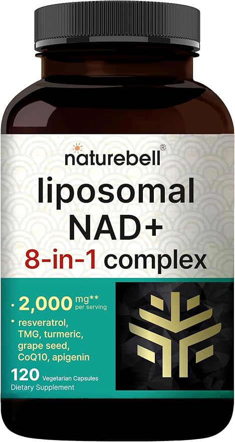 NatureBell Liposomal NAD+ 8-in-1 Complex 2000mg** Per Serving, 120 Vegetarian Capsules – NAD Resveratrol Supplement with TMG, CoQ10, Turmeric, Grape Seed & Apigenin – Non-GMO, cGMP Manufactured