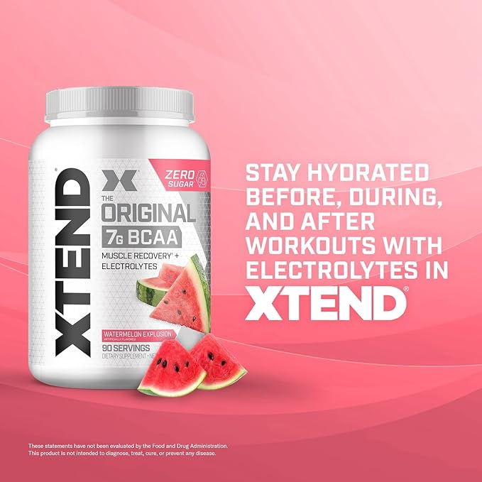 Xtend Original BCAA Powder, 7g BCAAs and 2.5g L-Glutamine for Muscle Recovery Hydration and Lean Muscle, Sugar Free Intra and Post Workout Drink with Electrolytes, Watermelon Explosion, 90 Servings