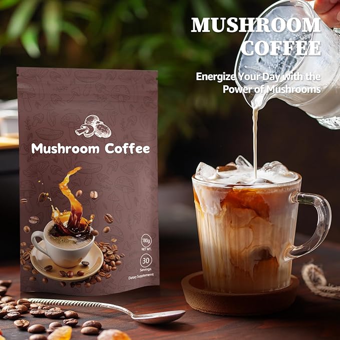 Mushroom Coffee - 6 in 1 AdaptogenicMushroom Blend with Ashwagandha KSM-66 & L-Theanine Instant Mushrooms Coffee for Boost Energy, Focus & Digestion Sugar-Free