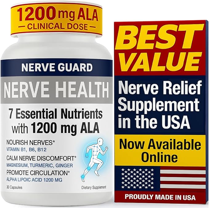 Nerve Health with 1200 mg Alpha Lipoic Acid – 7 Essential Nutrients to Support Feet Hands Toes – 1200mg ALA, Vitamins B12 B6 & B1, Magnesium, Turmeric – 30 Capsules