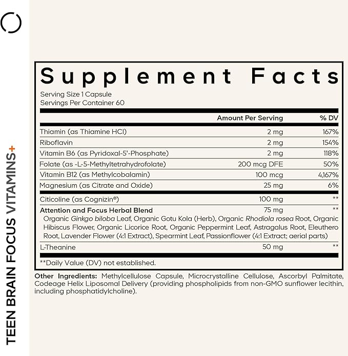 Codeage Teen Brain Focus Vitamins+ Citicoline Cognizin, L-Theanine, Ginkgo, Rhodiola, Lavender, Magnesium, Vitamin B6, B12, Folate - 2-Month Supply - 12-18 Years - Liposomal Supplement - 60 Capsules