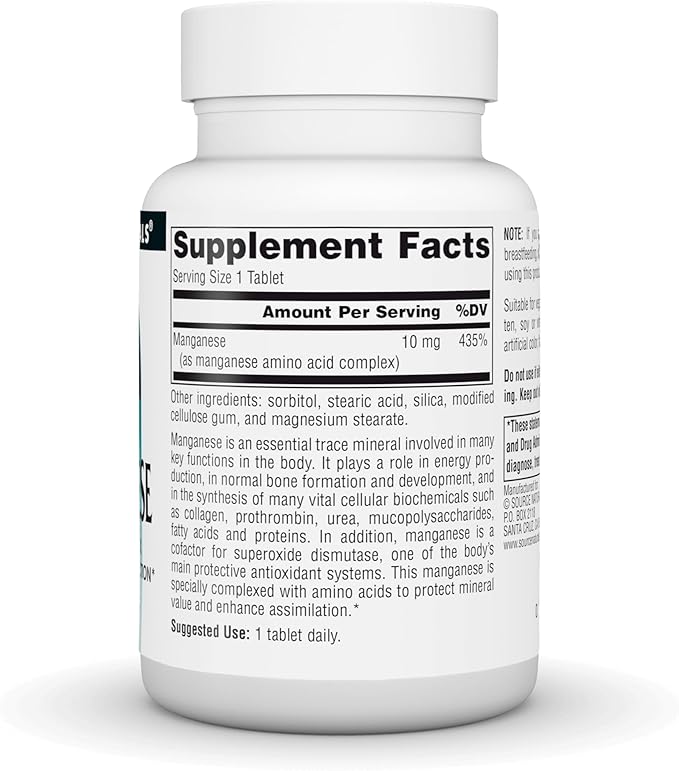 Source Naturals Manganese, Amino Acid Complex - Supports Energy Production* - 10 mg - 250 Tablets