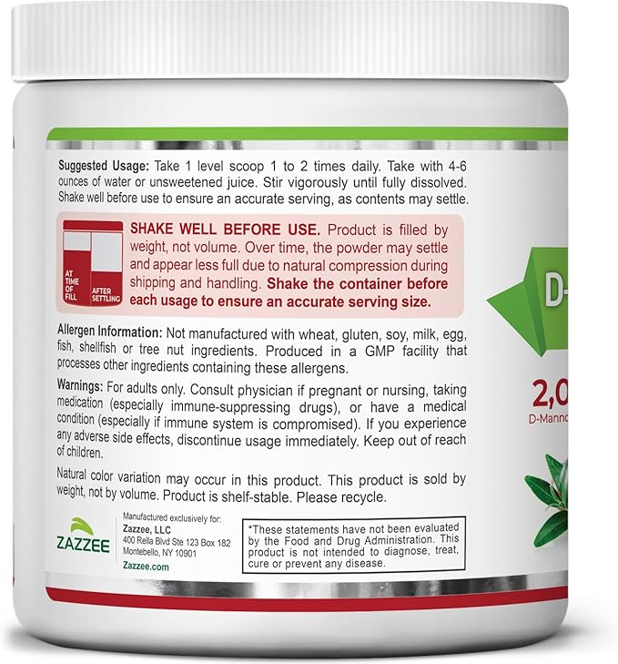 Zazzee D-Mannose Powder Plus, 2000 mg, 30 Servings, Plus 5 Billion CFU Probiotics and Pure Cranberry Juice Extract, Certified Kosher, Free Scoop, 2.98 oz, Urinary Tract Support, Non-GMO, All-Natural