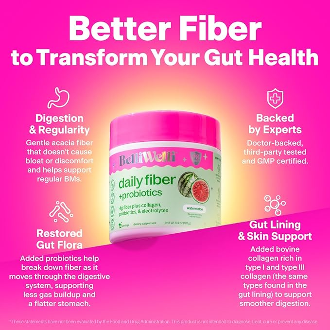 Belli Welli Fiber Supplement for Women & Men – Premium Daily Fiber Powder from Organic Acacia with Added Collagen, Electrolytes & Probiotics – No Bloat, Constipation & Gut Health Support (Watermelon)