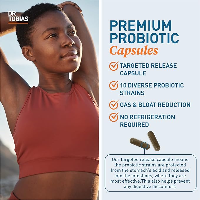 Dr. Tobias Probiotics 30 Billion, 10 Strains, 30 Billion CFU's, Targeted Release Probiotics for Women & Men, Supports Digestive Health, Shelf-Stable, Non-GMO, 30 Capsules, 30 Servings