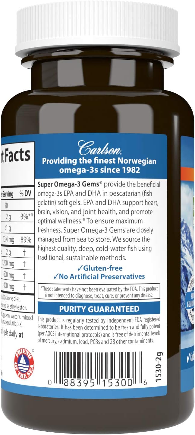 Carlson - Super Omega-3 Gems, 1200 mg Omega-3s, Norwegian, Cardiovascular Support, Brain Function & Vision Health, 50 soft gels
