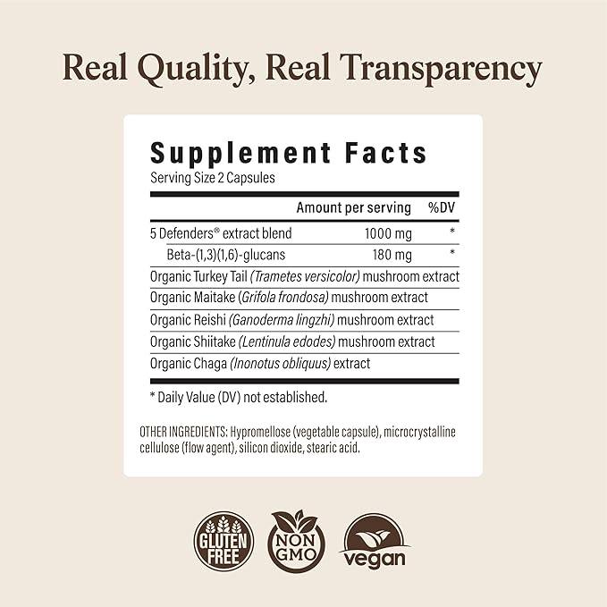 Real Mushrooms 5 Defenders - Adaptogenic Mushrooms Complex with Chaga, Reishi, Turkey Tail, Maitake & Shiitake for Wellness Support - Mushroom Beta Glucan Capsules - 90 Count
