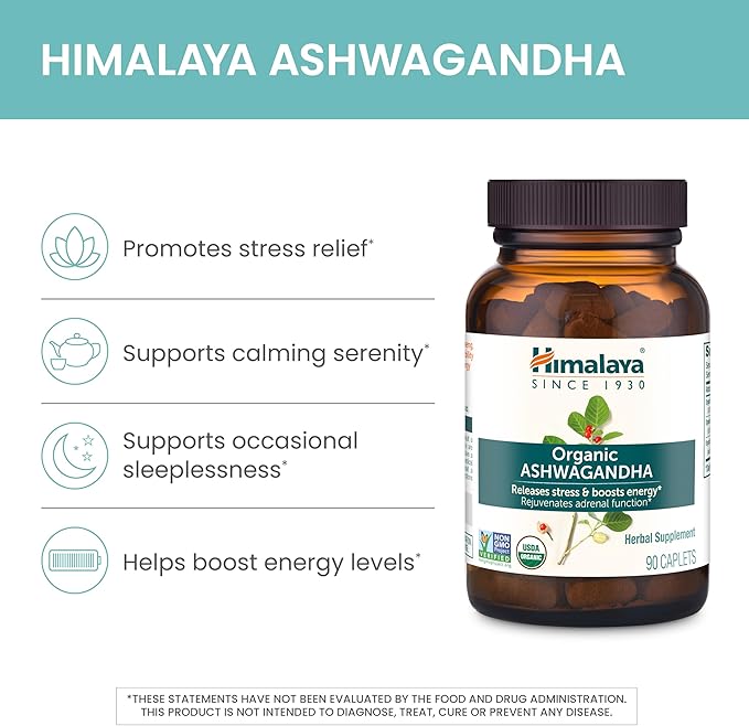 Himalaya Organic Ashwagandha Root, 30 Day Supply - Herbal Adrenal Support Supplements for Stress Relief and Energy Support - USDA Organic, Non-GMO, Vegan, Gluten Free, No Additives, 670 mg, 30 Caplets