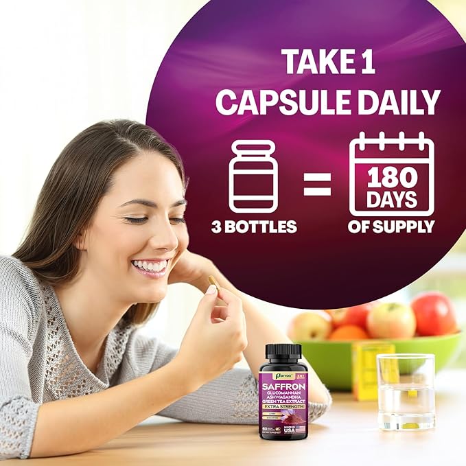Saffron Supplement with Glucomannan, Ashwagandha, Green Tea Extract, Zeaxanthin & Lutein, Vision Support & Daily Wellness Formula, Extra Strength Plant-Based Capsules, 6 Month Supply (3 Pack)