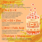 Vitamin D3 B12 Gummies, Vitamin D and B12 Gummy Suppment with Vitamin A, C, K, Calcium, Magnesium, Zinc for Women & Men