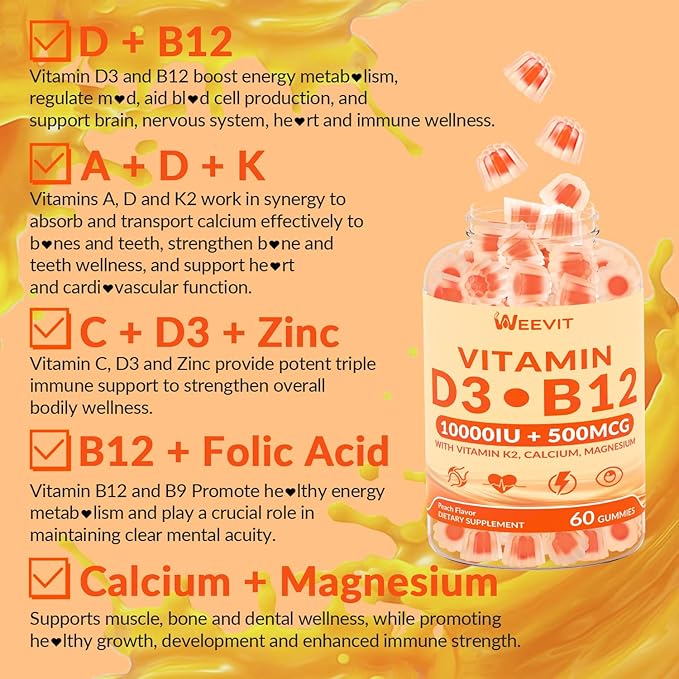 Vitamin D3 B12 Gummies, Vitamin D and B12 Gummy Suppment with Vitamin A, C, K, Calcium, Magnesium, Zinc for Women & Men