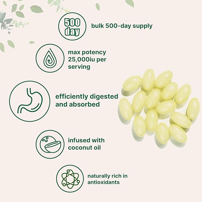 Maximum Strength Vitamin A 25000 IU | 500 Softgels with Coconut Oil for Better Absorption | Essential Vitamins | Non-GMO, Easy to Swallow