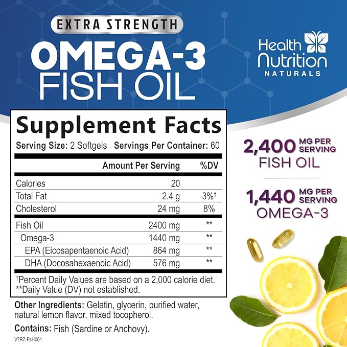 Omega 3 Fish Oil Supplements - 2400mg Fish Oil Per Serving - Triple Strength Omega-3 with EPA & DHA Fatty Acids - Natural Heart, Brain & Immune Support - Wild Caught, Bottled in USA - 120 Softgels
