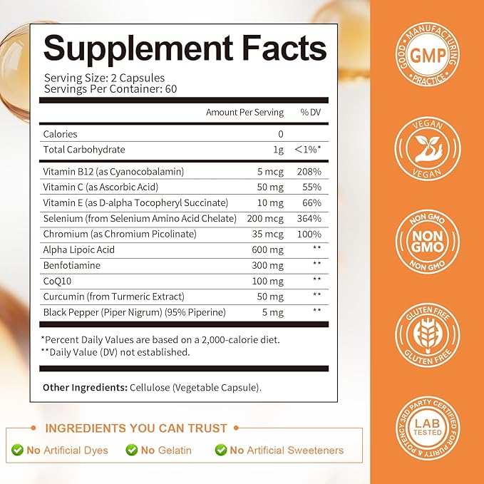Alpha Lipoic Acid 600mg with Benfotiamine 300mg - ALA Supplement for Antioxidant, Nerve Health, Energy & Metabolism Support, Cell Energy, Neuropathy Supplement, Anti-Aging, Non-GMO, Gluten Free, Vegan