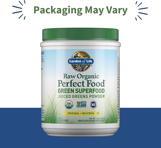 Garden of Life Raw Organic Perfect Food Green Superfood Juiced Greens Powder - Original Stevia-Free, 30 Servings, Non-GMO, Gluten Free Whole Food Dietary Supplement, Alkalize, Detoxify, Energize
