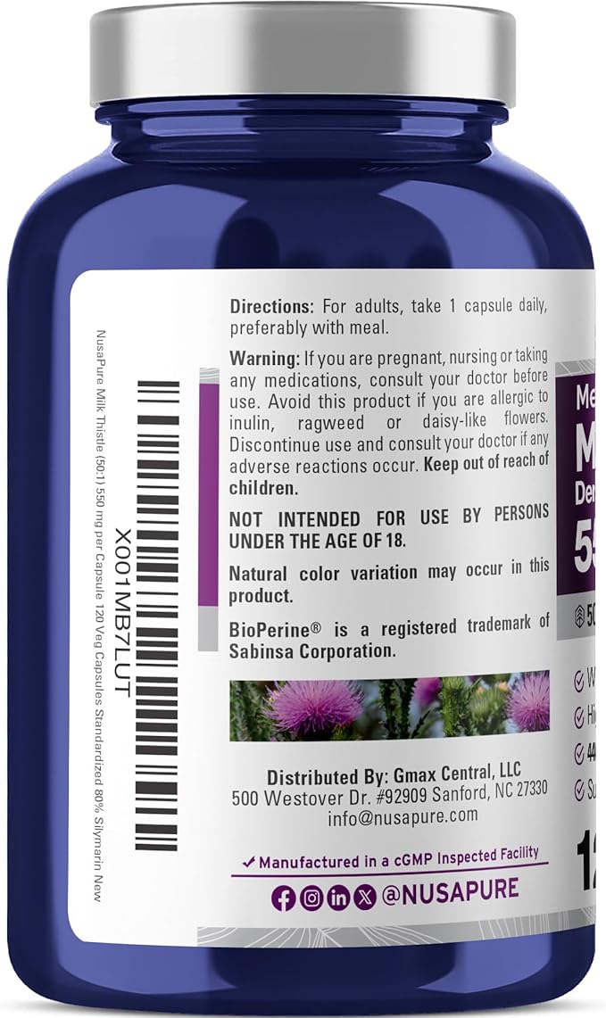 NusaPure Milk Thistle Capsules, 550 mg, 120 Veg Capsules (Non-GMO, Vegan)