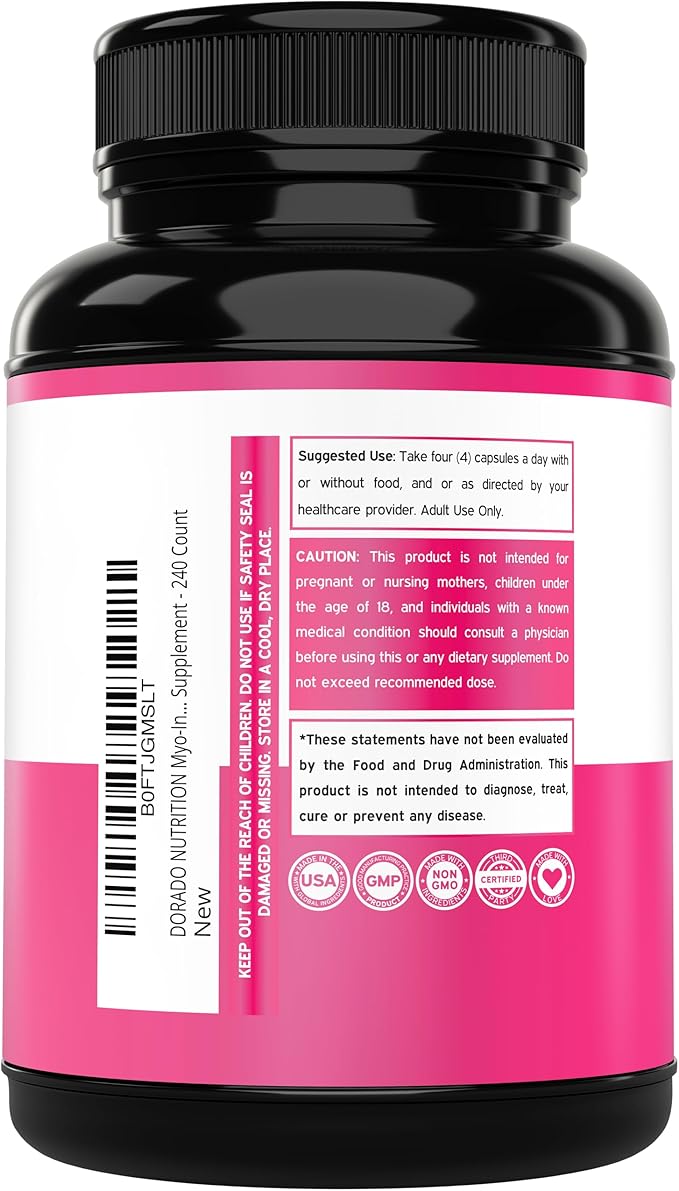 Myo-Inositol & D-Chiro Inositol Supplement For Women (240 Capsules, 2050mg Per Serving Ideal 40:1 Ratio Myo Inositol) Hormone Balance for Women - Third Party Tested, Vegan Safe & USA Made - 240 Count