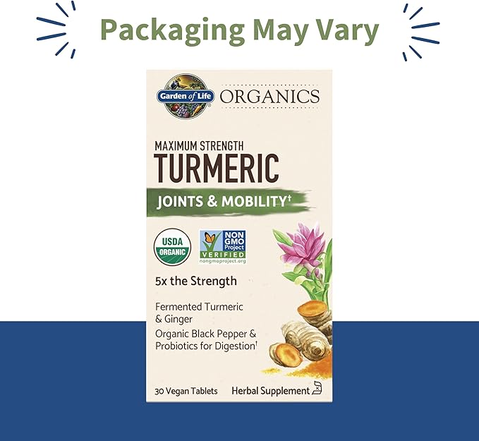 Garden of Life Organics Maximum Strength Turmeric Joints & Mobility Support 30 Tablets - 500mg Curcumin (95% Curcuminoids) Black Pepper - Organic Non-GMO Vegan & Gluten Free Herbal Supplements