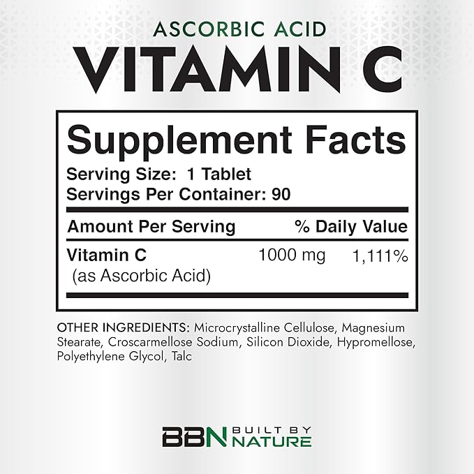 Built by Nature Vitamin C 1000mg – High Potency Immune Support Supplement – Vitamina C Antioxidant for Women & Men – Supports Energy, Skin & Collagen - 90 Tablets