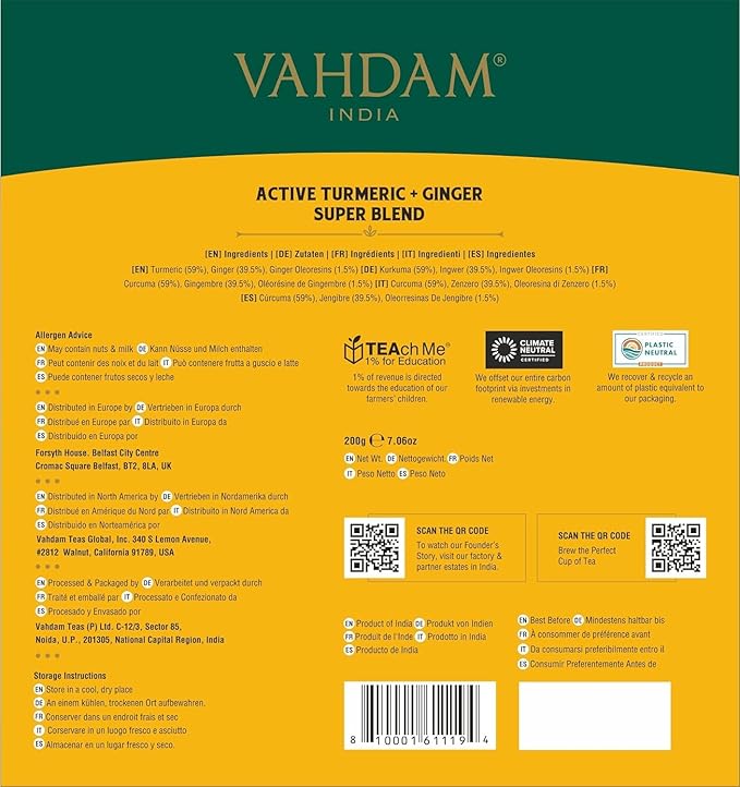 VAHDAM Organic Turmeric Ginger Herbal Tea Bags (100 Pyramid Tea Bags) Caffeine Free, Non GMO | 100% Pure Herbal Blend - Savory & Spicy, Plant-Based Teabags | Resealable Ziplock Pouch