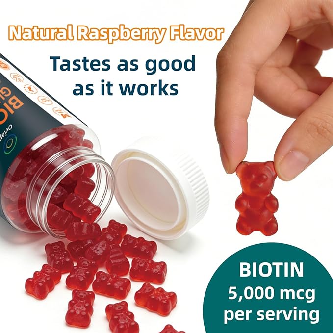 Premium Biotin Gummies with Multivitamins for Stronger Hair, Skin & Nails Raspberry Flavor Vegan Vitamin B7 Men and Women Formula - 60 Vegan Chews (30-Day Supply)‌