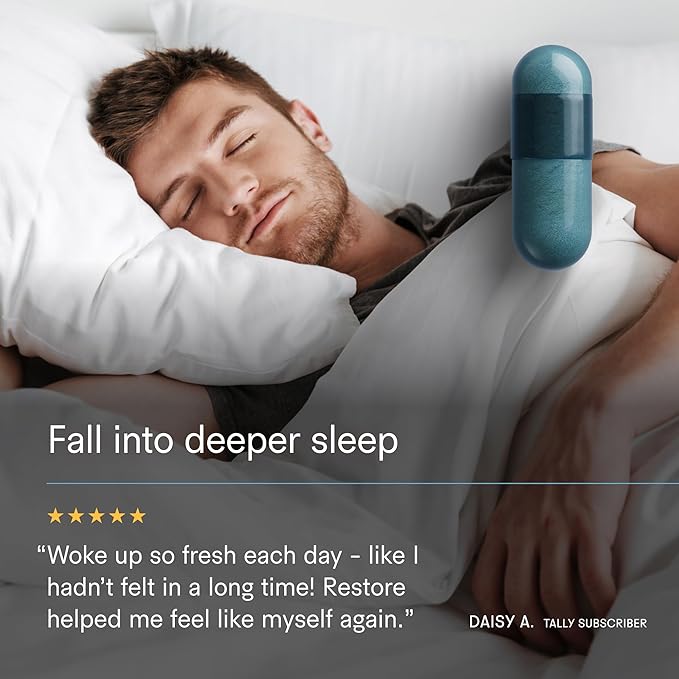 Tally Health Restore – Nighttime Sleep Formula with Magnesium Bisglycinate, L-Theanine & Apigenin | Melatonin-Free, Vegan, Non-GMO | Promotes Relaxation & Restful Sleep | 90 Capsules