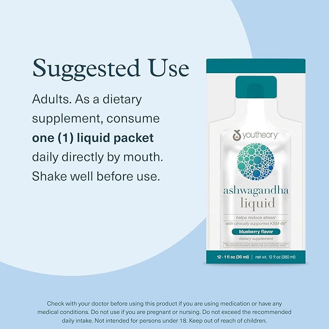 Youtheory Ashwagandha Liquid - with Organic KSM-66 Ashwagandha - Herbal Blend to Support Stress Relief & Energy Levels* - Helps Support Mood* - 1 oz Single Serve Packet, Pack of 30