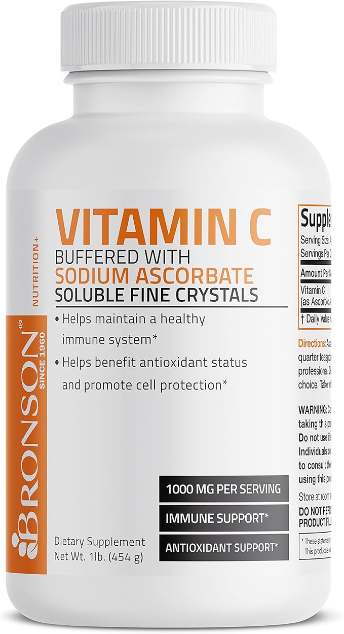 Bronson Buffered Vitamin C Powder Ascorbic Acid Buffered with Sodium Ascorbate Soluble Fine Crystals – Promotes Healthy Immune System and Cell Protection – Powerful Antioxidant - 1 Pound (16 Ounces)