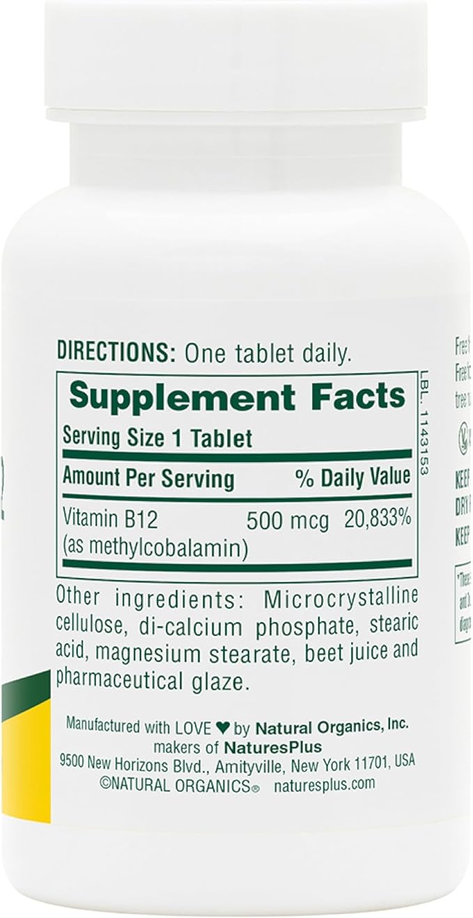 NaturesPlus Vitamin B12 500 mcg - 90 Tablets - Energy & Immune Health Support - Gluten Free, Vegetarian - 90 Servings