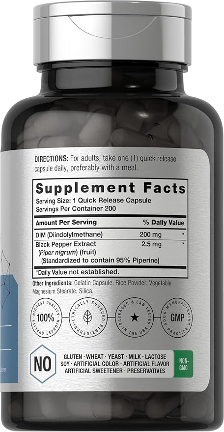 Horbäach DIM Supplement | 200mg | 200 Capsules | Diindolylmethane with Black Pepper Extract | Non-GMO, Gluten Free Formula