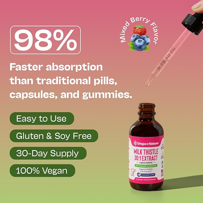 Milk Thistle Drops with 80% Silymarin Flavonoids – Vegan, Non-GMO, Fast-Absorbing – Easily Mix with Drinks – Milk Thistle Supplement for Liver, Immune Care and Antioxidant Support (Mixed Berry, 60 mL)