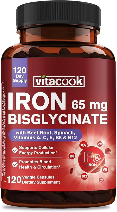Iron Supplement for Women & Men, 65mg Ferrous Bisglycinate Chelate, Slow Release Iron with Vitamins A C E B6, B12, Folate, Organic Spinach & Beet Root Powder, for Blood Flow & Energy Support, 120 Caps