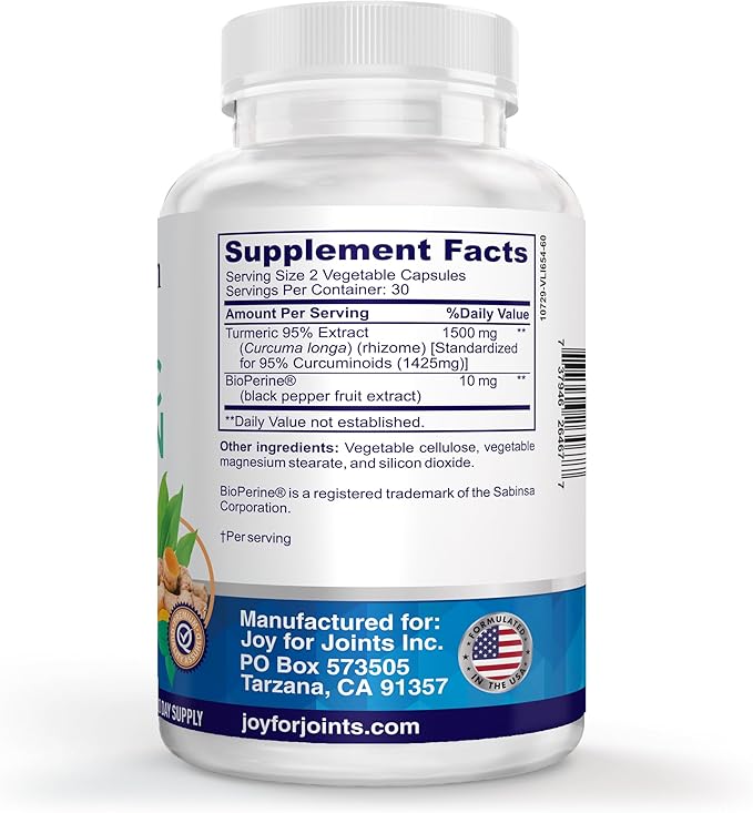 Turmeric Curcumin Supplement 1500mg – 95% Curcuminoids with 10mg BioPerine® Black Pepper – High Absorption Antioxidant Support – Made in USA – 60 Veg Capsules